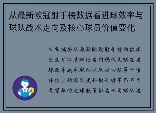 从最新欧冠射手榜数据看进球效率与球队战术走向及核心球员价值变化